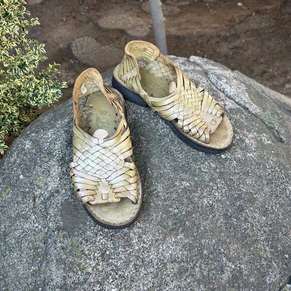 Brand X Mexican Huaraches Gold Green Woven Leather Size 6.5 - Picture 9 of 9